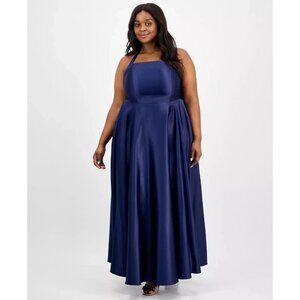 B Darlin Trendy Plus Size 18W Satin Sleeveless Front-Slit Gown Navy Blue $129